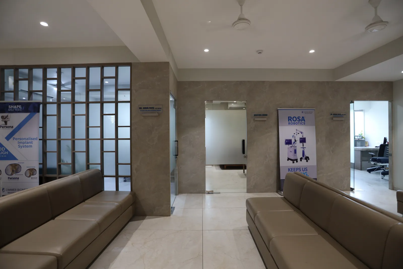 OPD waiting area outside the consulting rooms at PMG Orthopedic Hospital, Ahmedabad